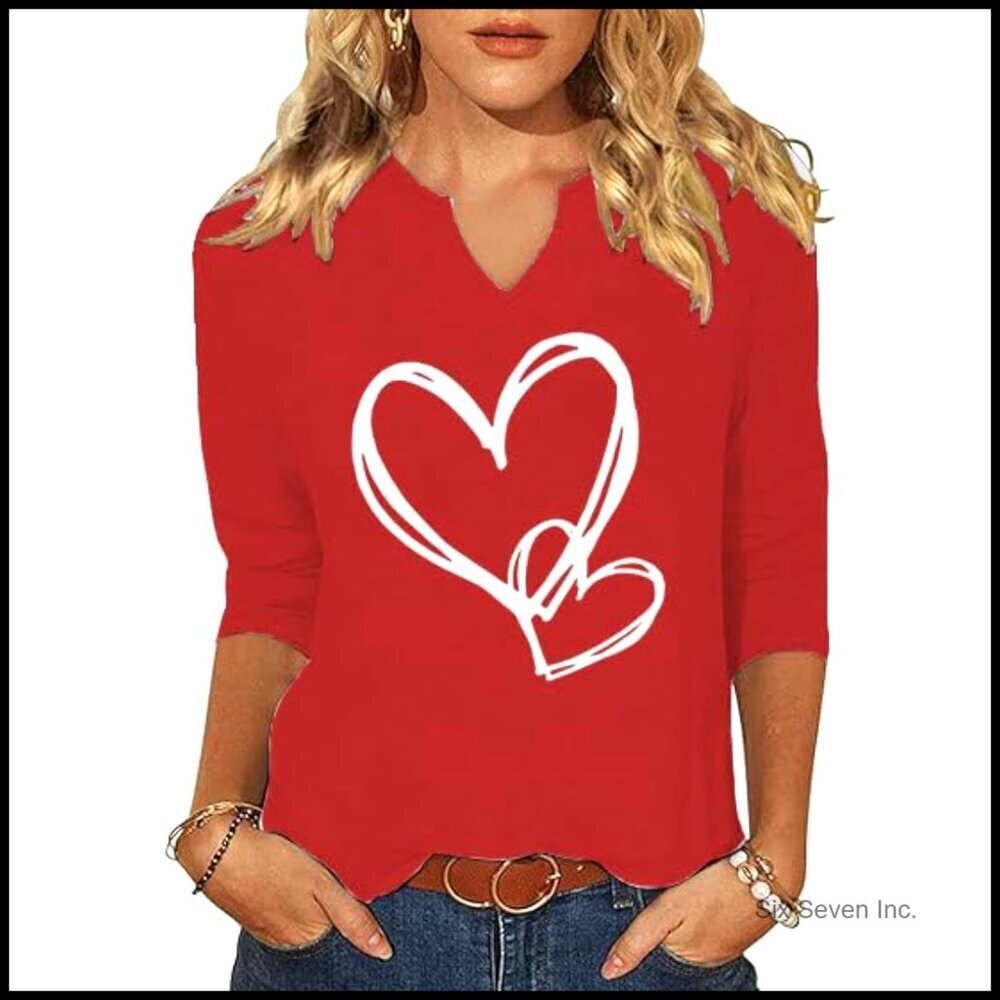3/4 Sleeve V-Neck Blouse Love Heart Graphic Top Chic Casual Spring Wear